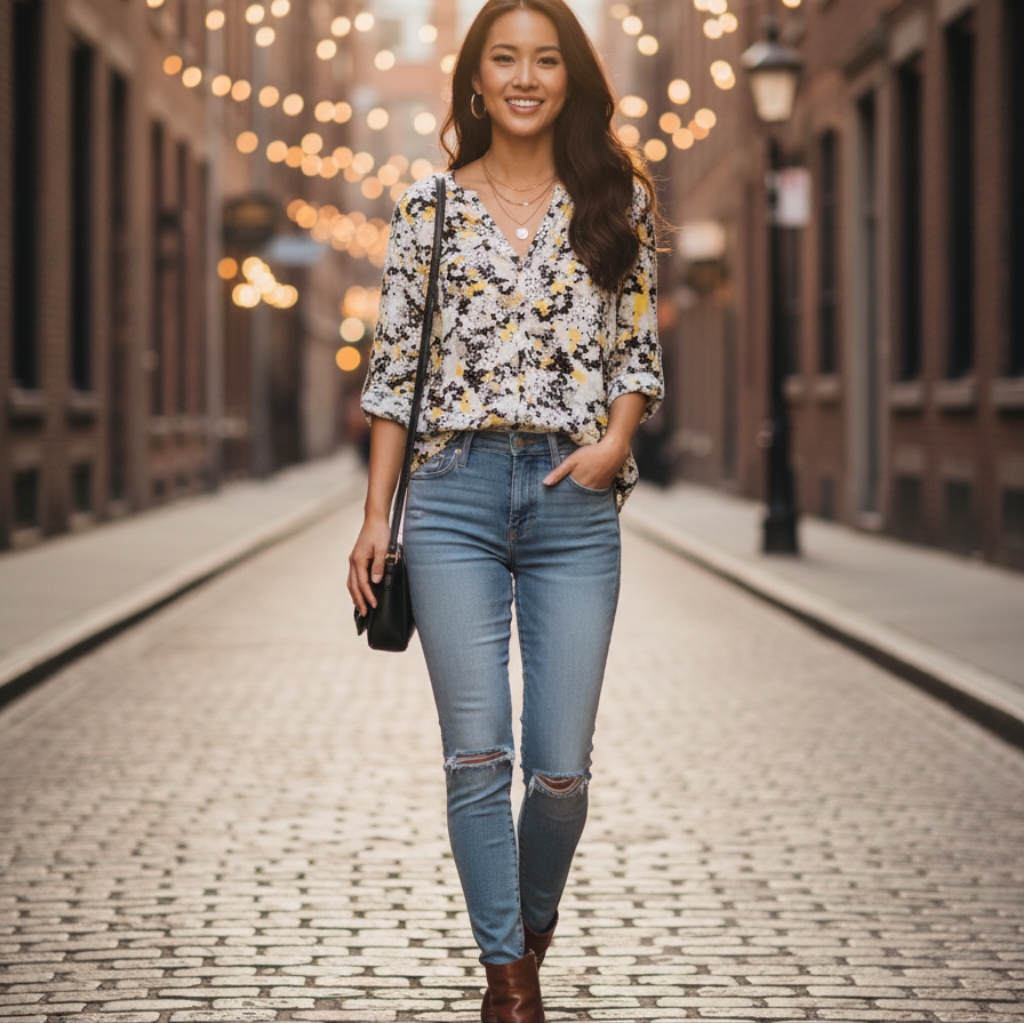 New York And Company Yellow, Black, And White Button Down Blouse